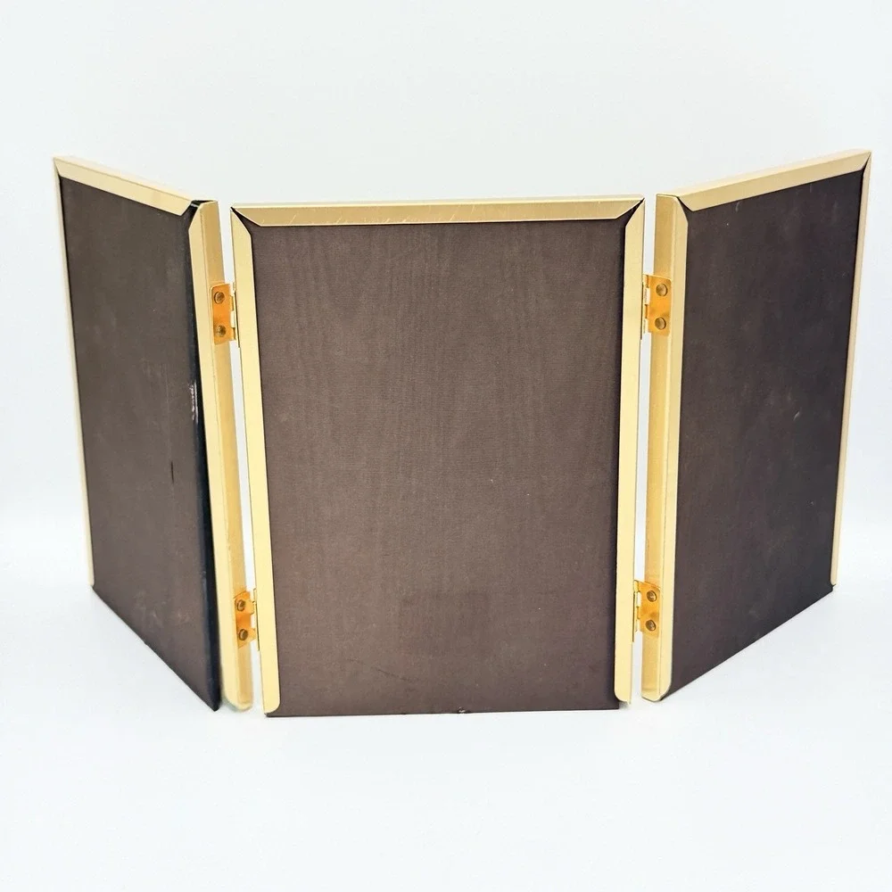Gold Triple Hinged Picture Frame Hollywood Regency Glam Vanity‎ Desk Decor